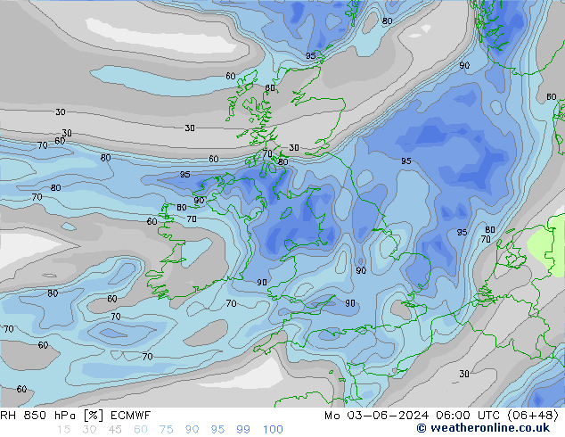 RH 850 hPa ECMWF Po 03.06.2024 06 UTC