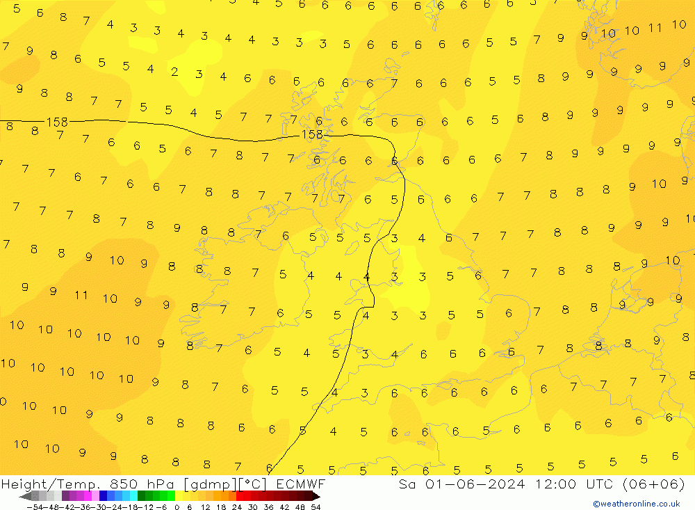 Height/Temp. 850 hPa ECMWF so. 01.06.2024 12 UTC