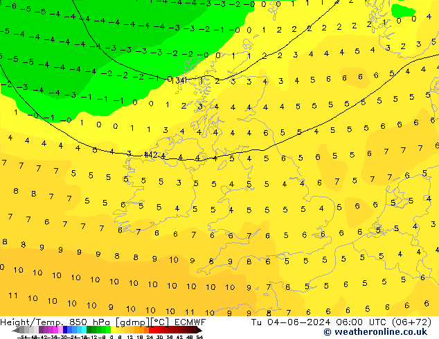 Z500/Rain (+SLP)/Z850 ECMWF wto. 04.06.2024 06 UTC