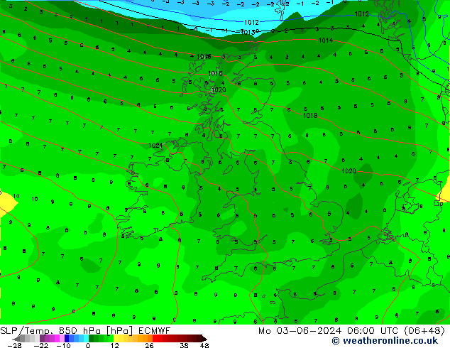 SLP/Temp. 850 hPa ECMWF lun 03.06.2024 06 UTC