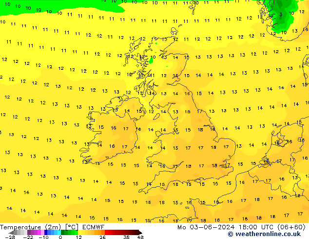 Temperature (2m) ECMWF Mo 03.06.2024 18 UTC