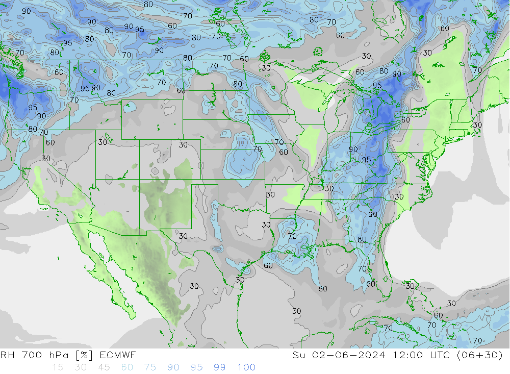 RH 700 hPa ECMWF Su 02.06.2024 12 UTC