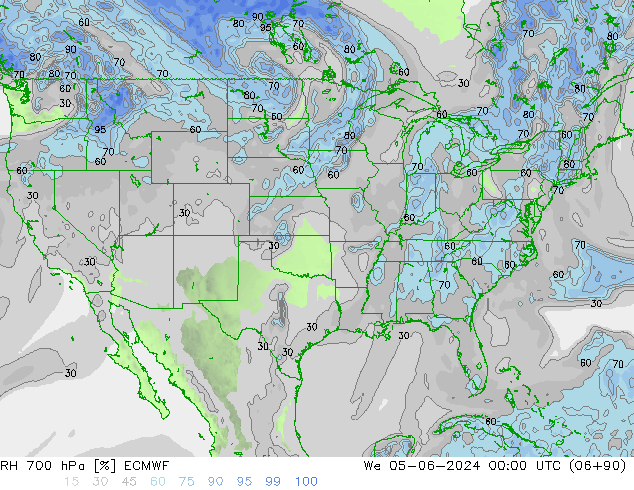 Humidité rel. 700 hPa ECMWF mer 05.06.2024 00 UTC