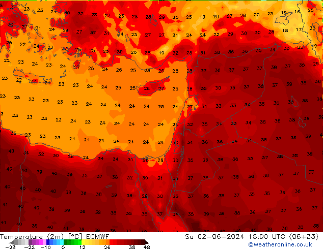 Temperature (2m) ECMWF Su 02.06.2024 15 UTC