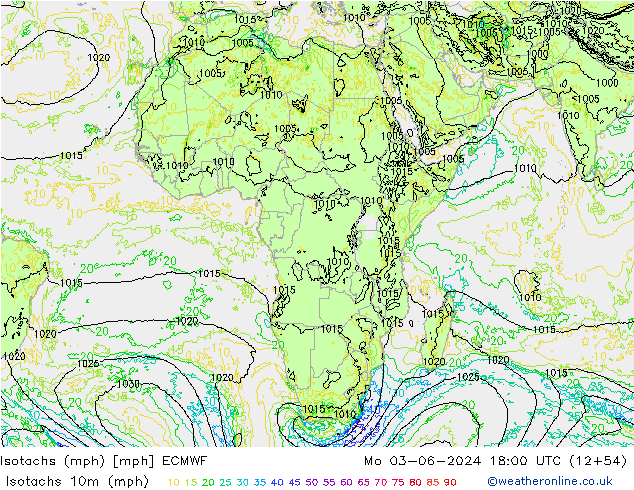 Isotachs (mph) ECMWF lun 03.06.2024 18 UTC