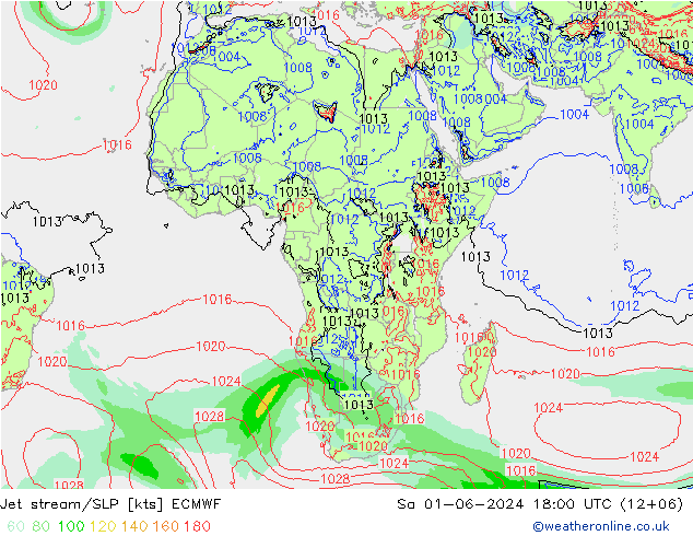 Prąd strumieniowy ECMWF so. 01.06.2024 18 UTC