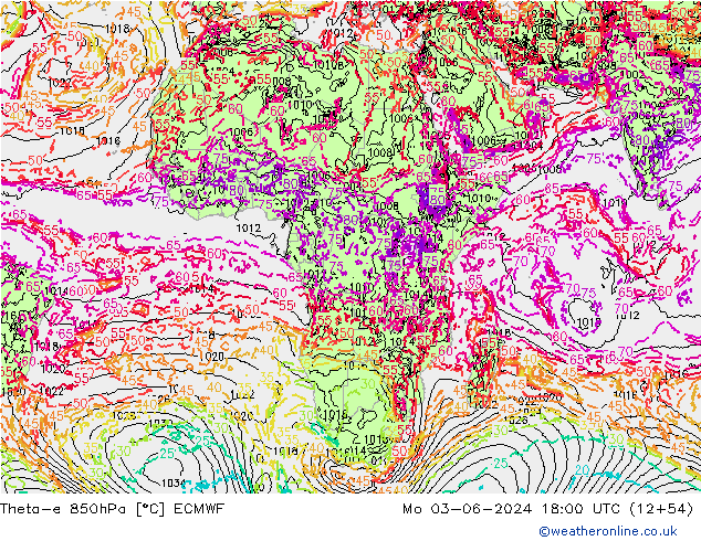 Theta-e 850hPa ECMWF lun 03.06.2024 18 UTC