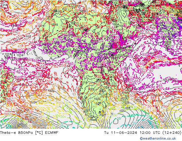 Theta-e 850hPa ECMWF wto. 11.06.2024 12 UTC