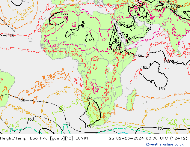 Geop./Temp. 850 hPa ECMWF dom 02.06.2024 00 UTC
