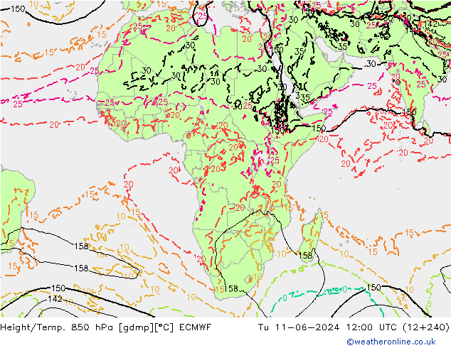 Height/Temp. 850 hPa ECMWF wto. 11.06.2024 12 UTC
