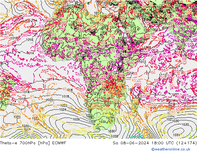 Theta-e 700hPa ECMWF So 08.06.2024 18 UTC
