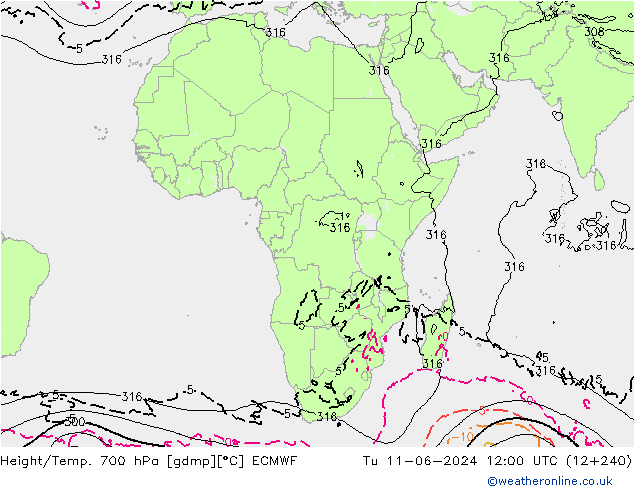 Height/Temp. 700 hPa ECMWF Tu 11.06.2024 12 UTC