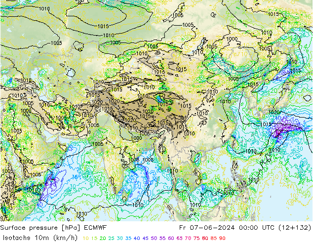 Eşrüzgar Hızları (km/sa) ECMWF Cu 07.06.2024 00 UTC