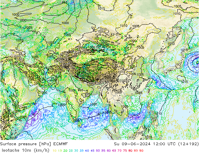 Isotachs (kph) ECMWF Dom 09.06.2024 12 UTC