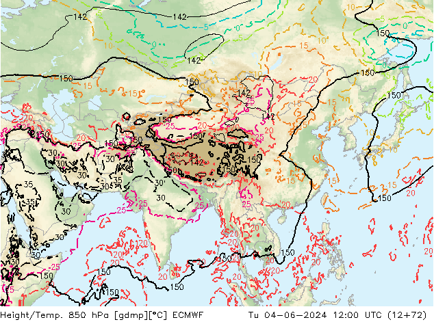 Height/Temp. 850 hPa ECMWF Út 04.06.2024 12 UTC