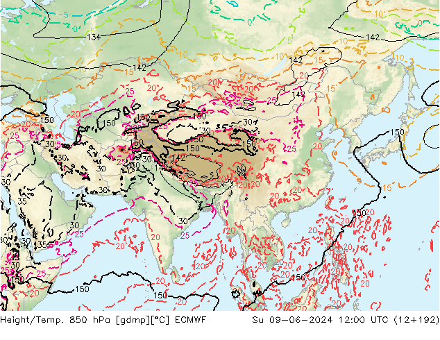 Height/Temp. 850 гПа ECMWF Вс 09.06.2024 12 UTC