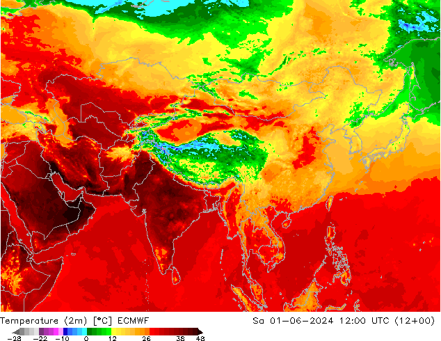 Temperature (2m) ECMWF Sa 01.06.2024 12 UTC
