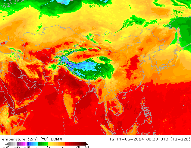 Temperature (2m) ECMWF Tu 11.06.2024 00 UTC