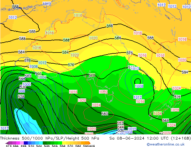 Thck 500-1000гПа ECMWF сб 08.06.2024 12 UTC