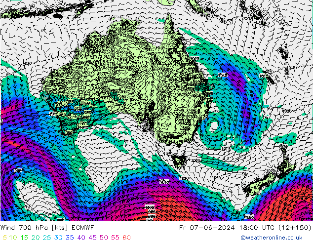 Rüzgar 700 hPa ECMWF Cu 07.06.2024 18 UTC