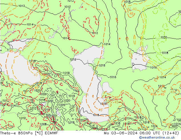 Theta-e 850hPa ECMWF  03.06.2024 06 UTC