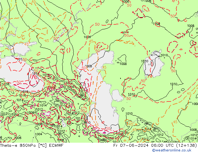 Theta-e 850hPa ECMWF Sex 07.06.2024 06 UTC