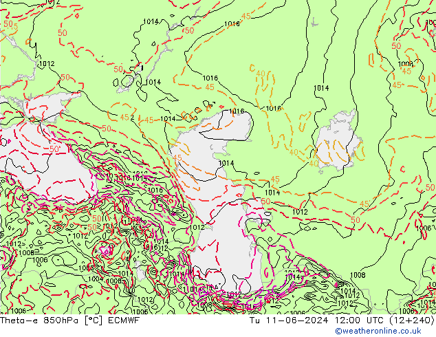 Theta-e 850hPa ECMWF Tu 11.06.2024 12 UTC