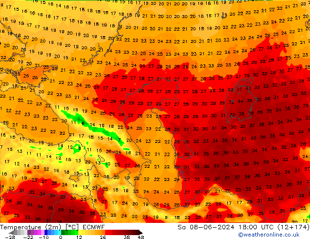 Temperatura (2m) ECMWF sáb 08.06.2024 18 UTC