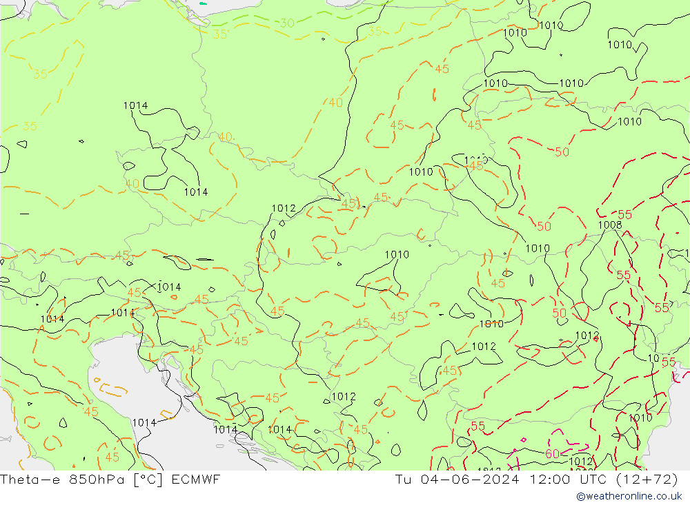 Theta-e 850гПа ECMWF вт 04.06.2024 12 UTC