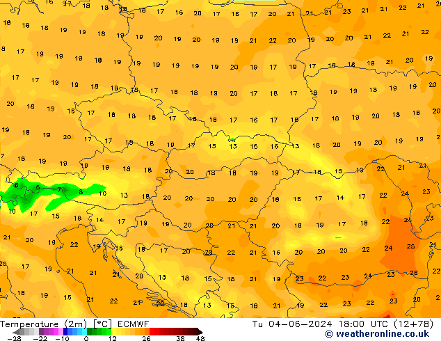 Temperature (2m) ECMWF Tu 04.06.2024 18 UTC