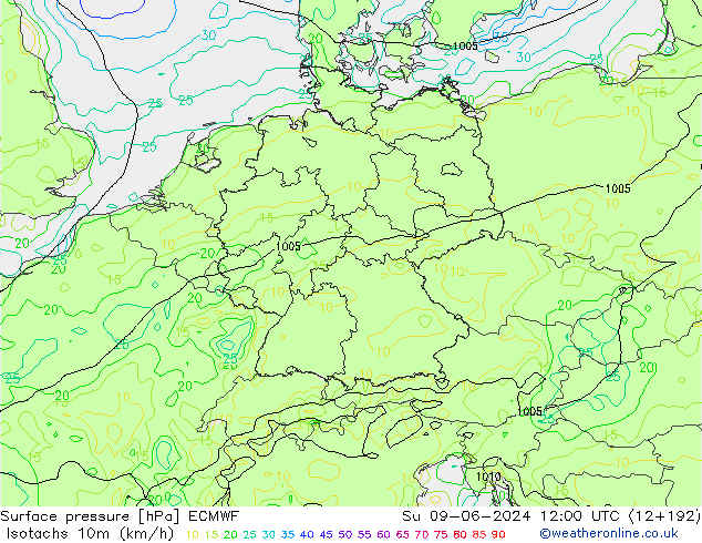 Isotaca (kph) ECMWF dom 09.06.2024 12 UTC