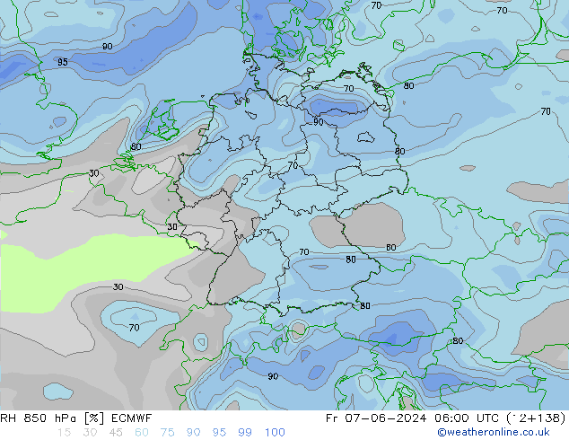 RH 850 гПа ECMWF пт 07.06.2024 06 UTC