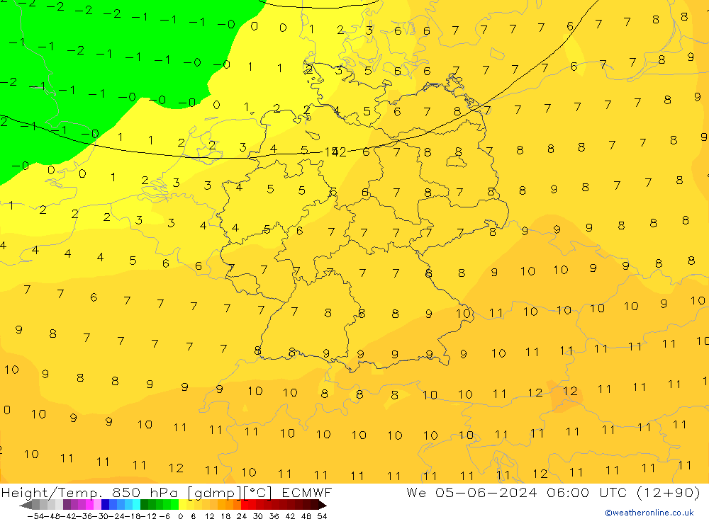 Géop./Temp. 850 hPa ECMWF mer 05.06.2024 06 UTC