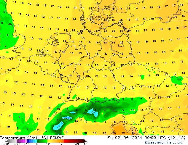 Temperature (2m) ECMWF Su 02.06.2024 00 UTC