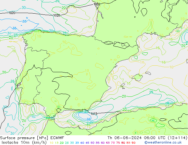 Isotachs (kph) ECMWF gio 06.06.2024 06 UTC