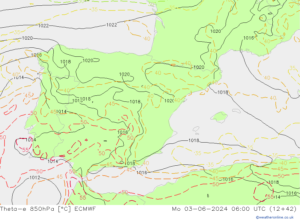 Theta-e 850hPa ECMWF Pzt 03.06.2024 06 UTC