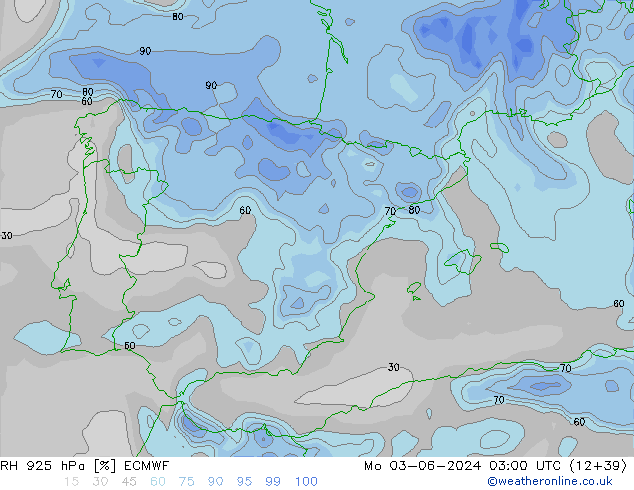 Humidité rel. 925 hPa ECMWF lun 03.06.2024 03 UTC