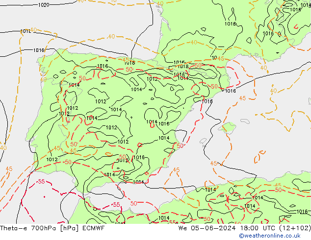 Theta-e 700hPa ECMWF St 05.06.2024 18 UTC