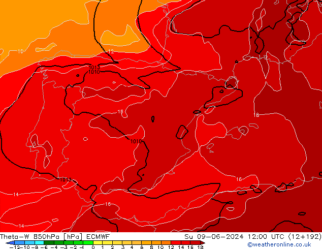 Theta-W 850hPa ECMWF Su 09.06.2024 12 UTC