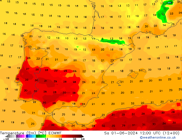 Temperatura (2m) ECMWF Sáb 01.06.2024 12 UTC