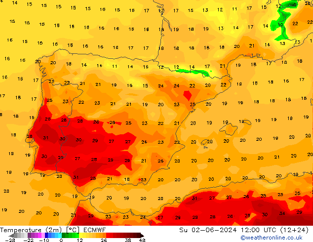 Temperatura (2m) ECMWF dom 02.06.2024 12 UTC