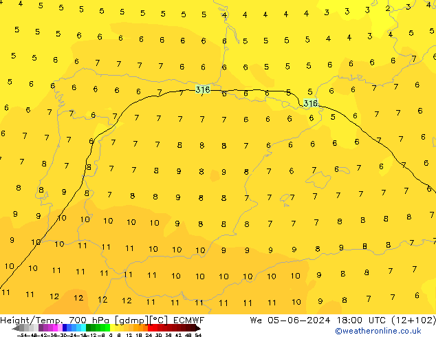 Height/Temp. 700 hPa ECMWF We 05.06.2024 18 UTC