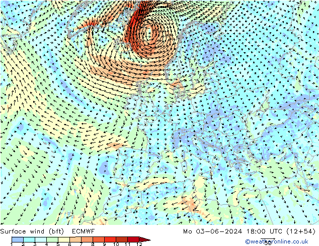 wiatr 10 m (bft) ECMWF pon. 03.06.2024 18 UTC