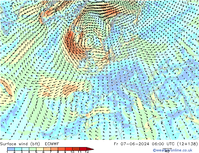 Surface wind (bft) ECMWF Fr 07.06.2024 06 UTC