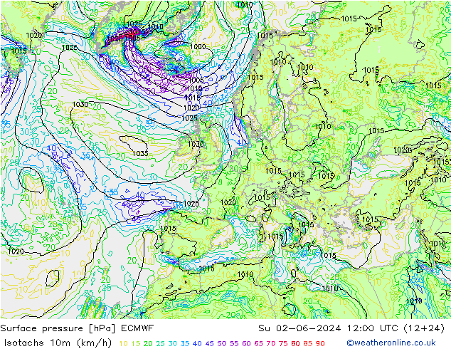 Eşrüzgar Hızları (km/sa) ECMWF Paz 02.06.2024 12 UTC