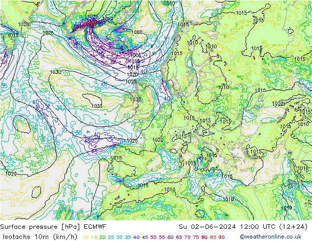 Isotaca (kph) ECMWF dom 02.06.2024 12 UTC