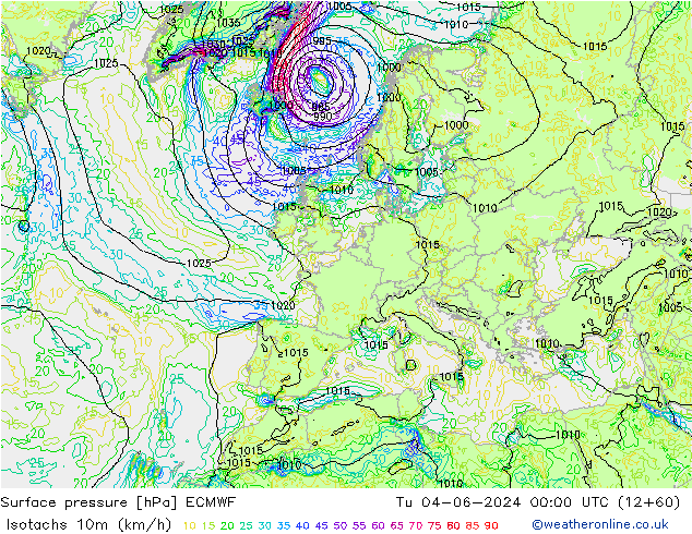 Isotachs (kph) ECMWF mar 04.06.2024 00 UTC