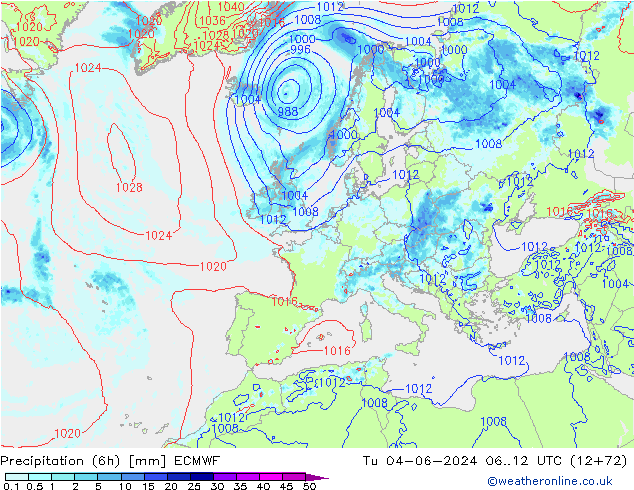 Z500/Rain (+SLP)/Z850 ECMWF Tu 04.06.2024 12 UTC