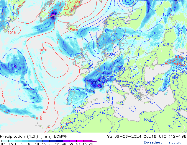 Precipitação (12h) ECMWF Dom 09.06.2024 18 UTC