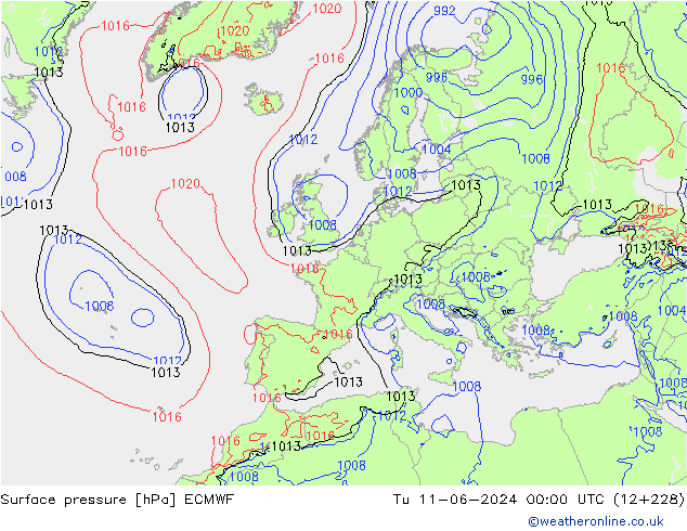 Surface pressure ECMWF Tu 11.06.2024 00 UTC